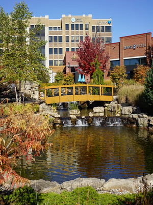 Pond with waterfall, wooden bridge, and autumn trees in front of office buildings.