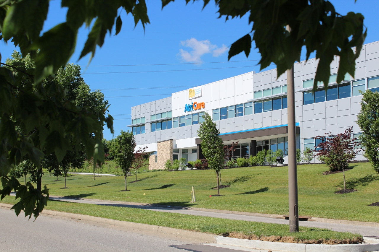Modern office building with large windows, surrounded by trees and a clear blue sky.