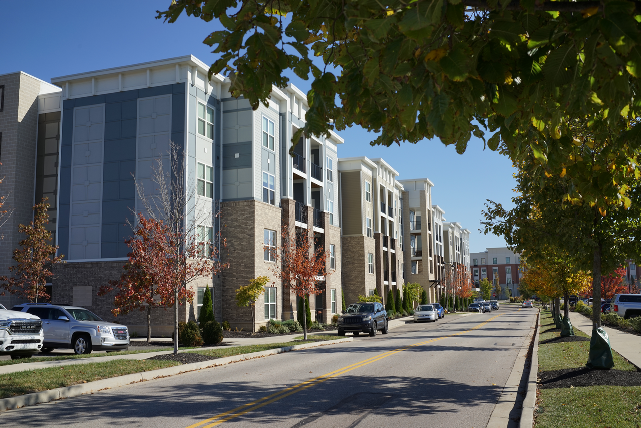 Modern apartments on a tree-lined street with parked cars, under a clear blue sky.