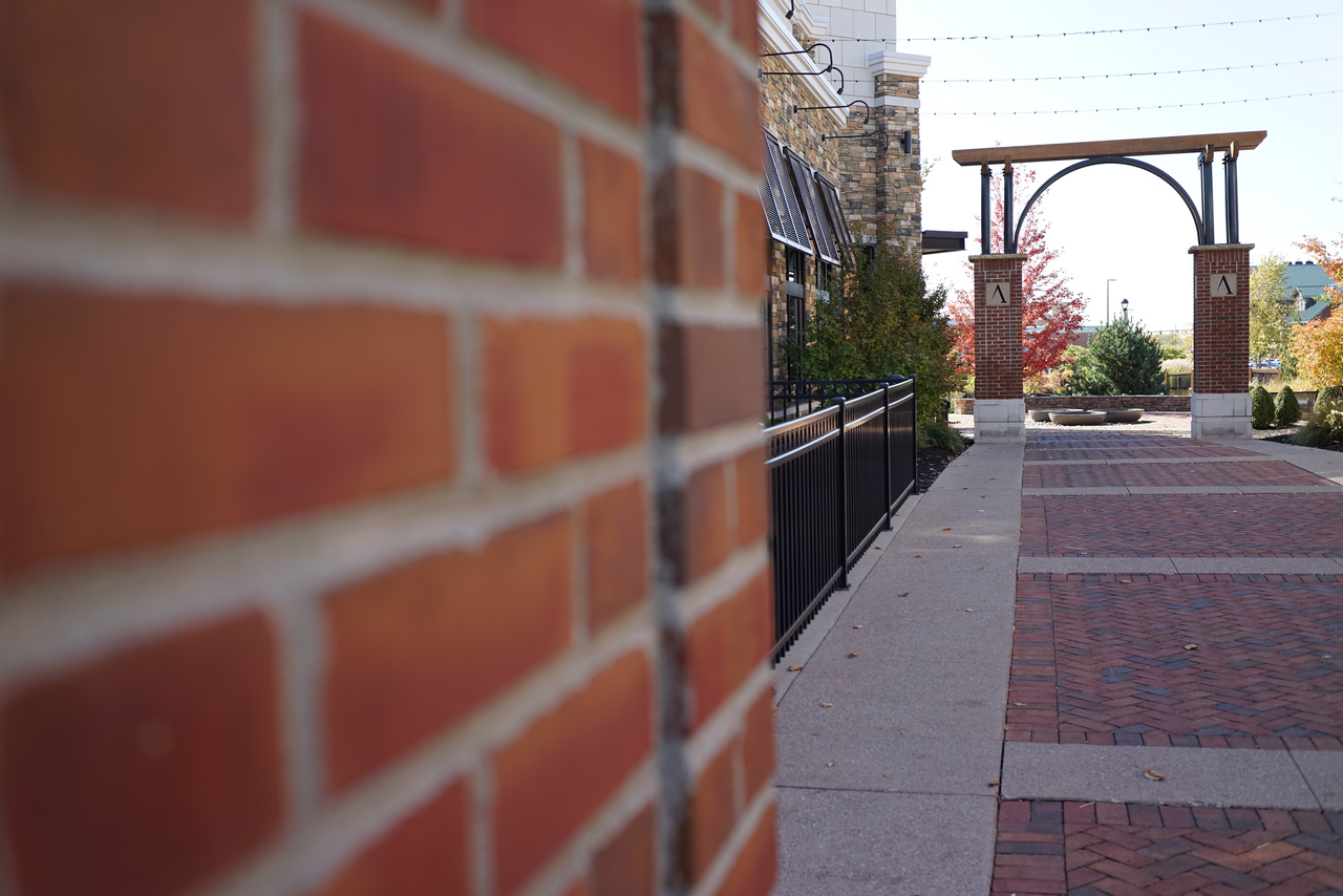 Brick walkway with archway and trees, blurred foreground.