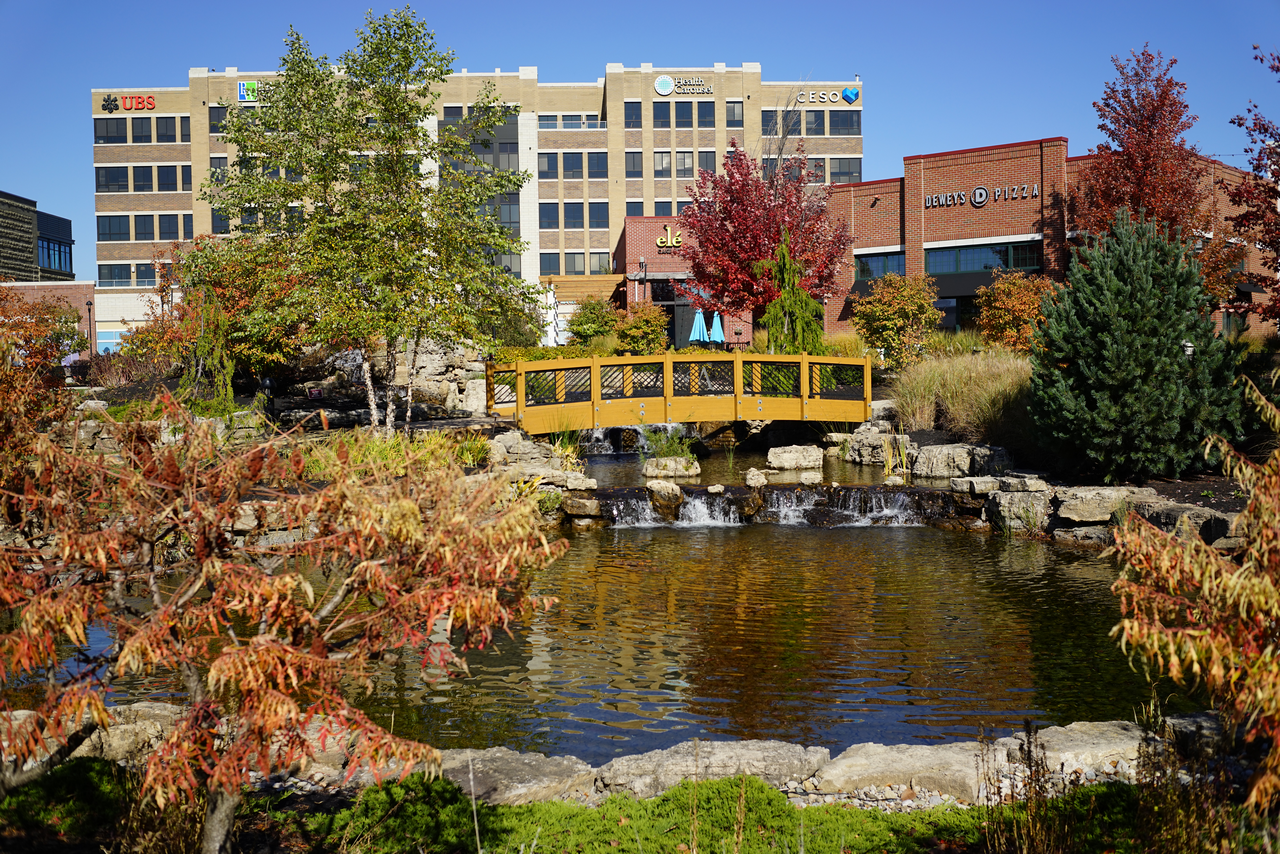 Autumn landscape with pond, wooden bridge, and office buildings.