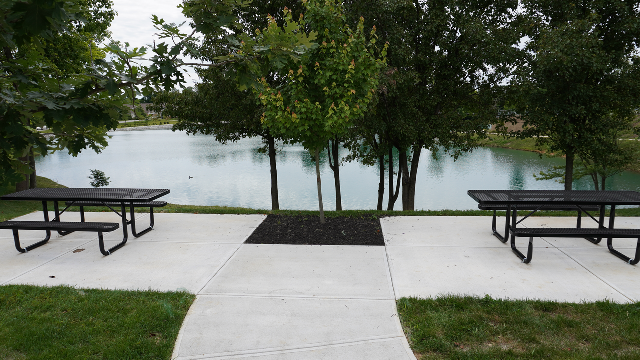 Pathway between picnic tables leads to a small lake, surrounded by trees.