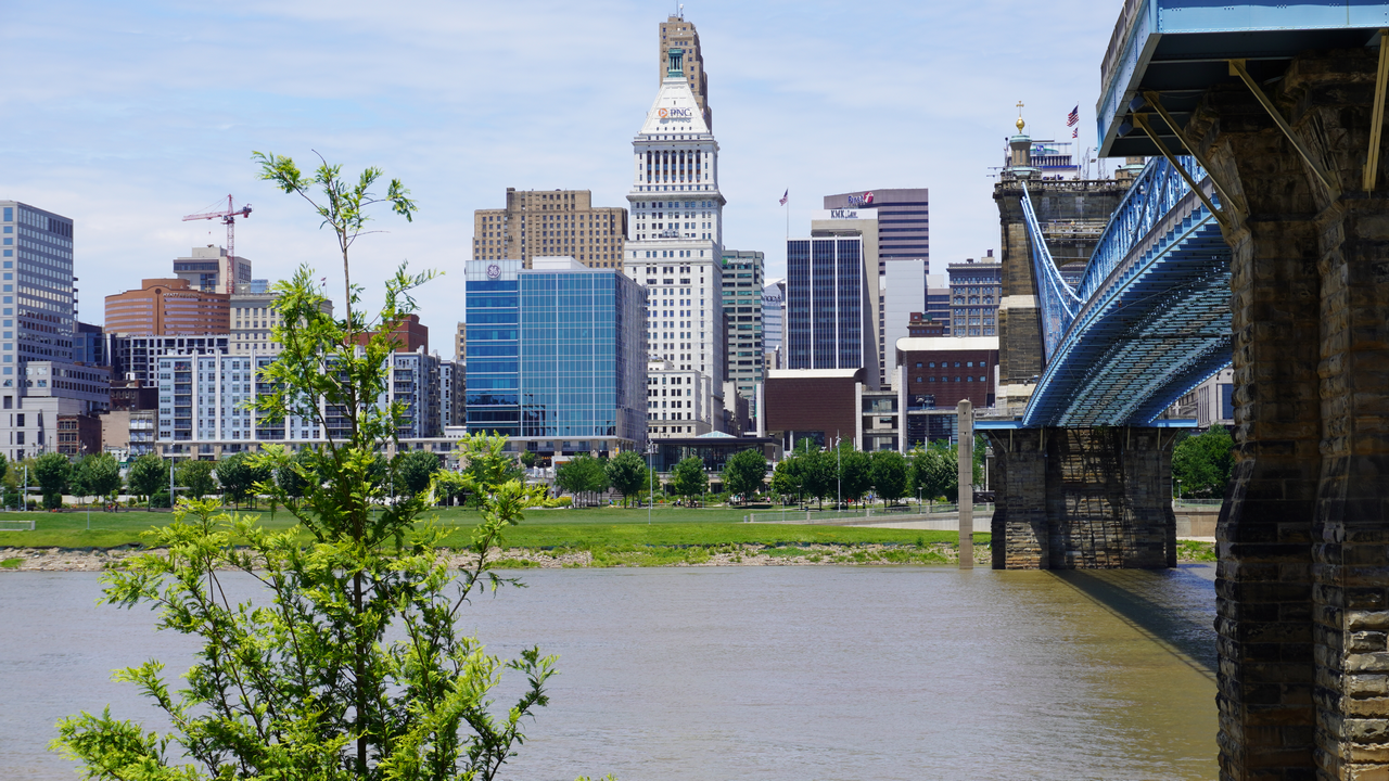 River view of a city skyline with a bridge and tall buildings under a blue sky.