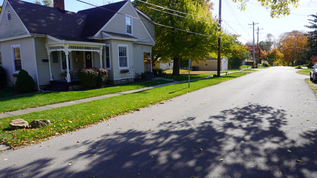 Sunny suburban street with trees, houses, and shadows on the road.