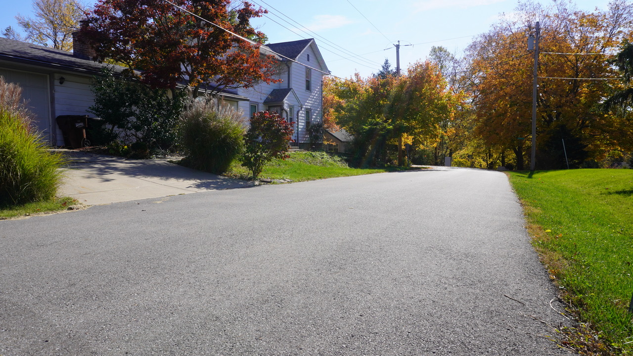 Quiet suburban street lined with autumn trees and houses.