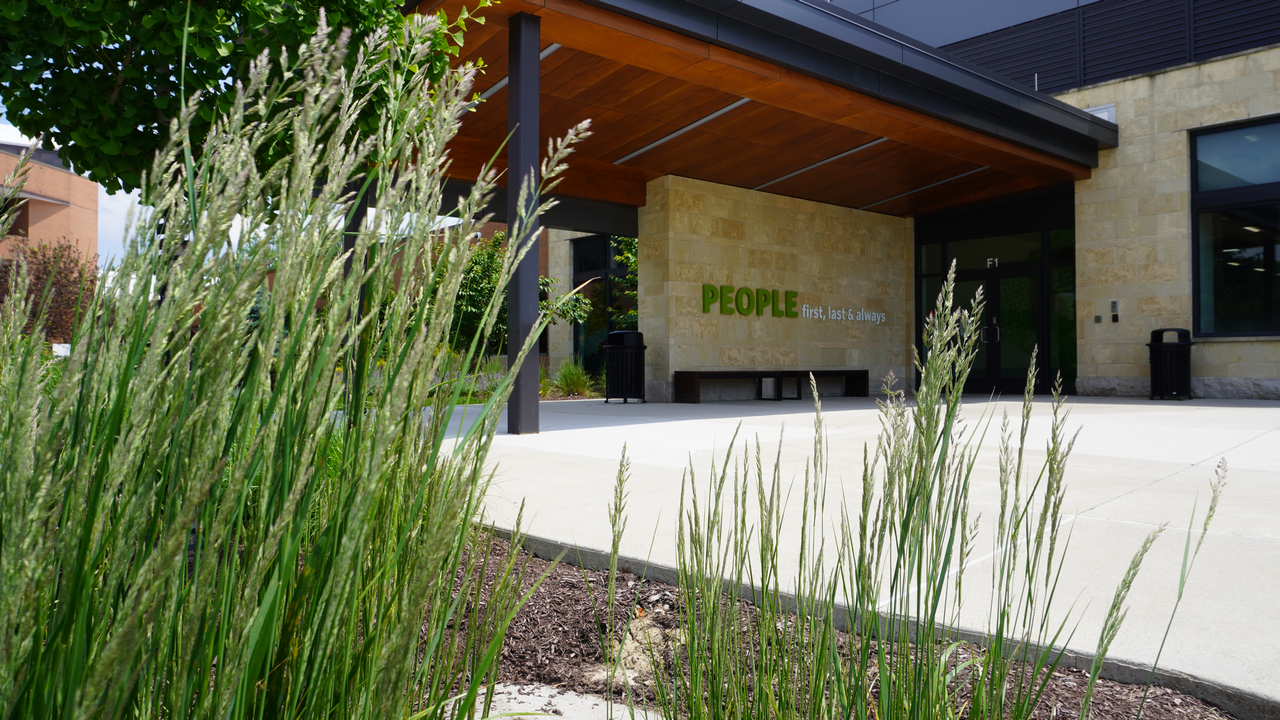 Grass and sidewalk leading to a modern building entrance.