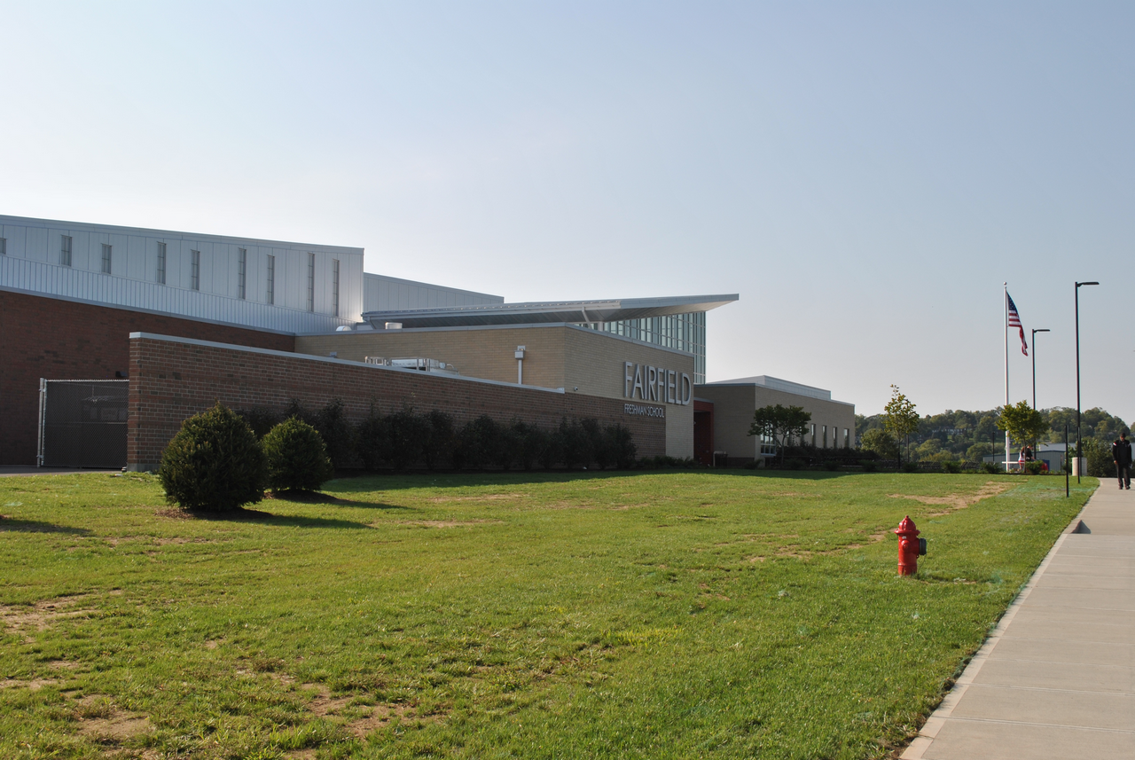 Modern school building with a grassy lawn and flags, under a clear sky.