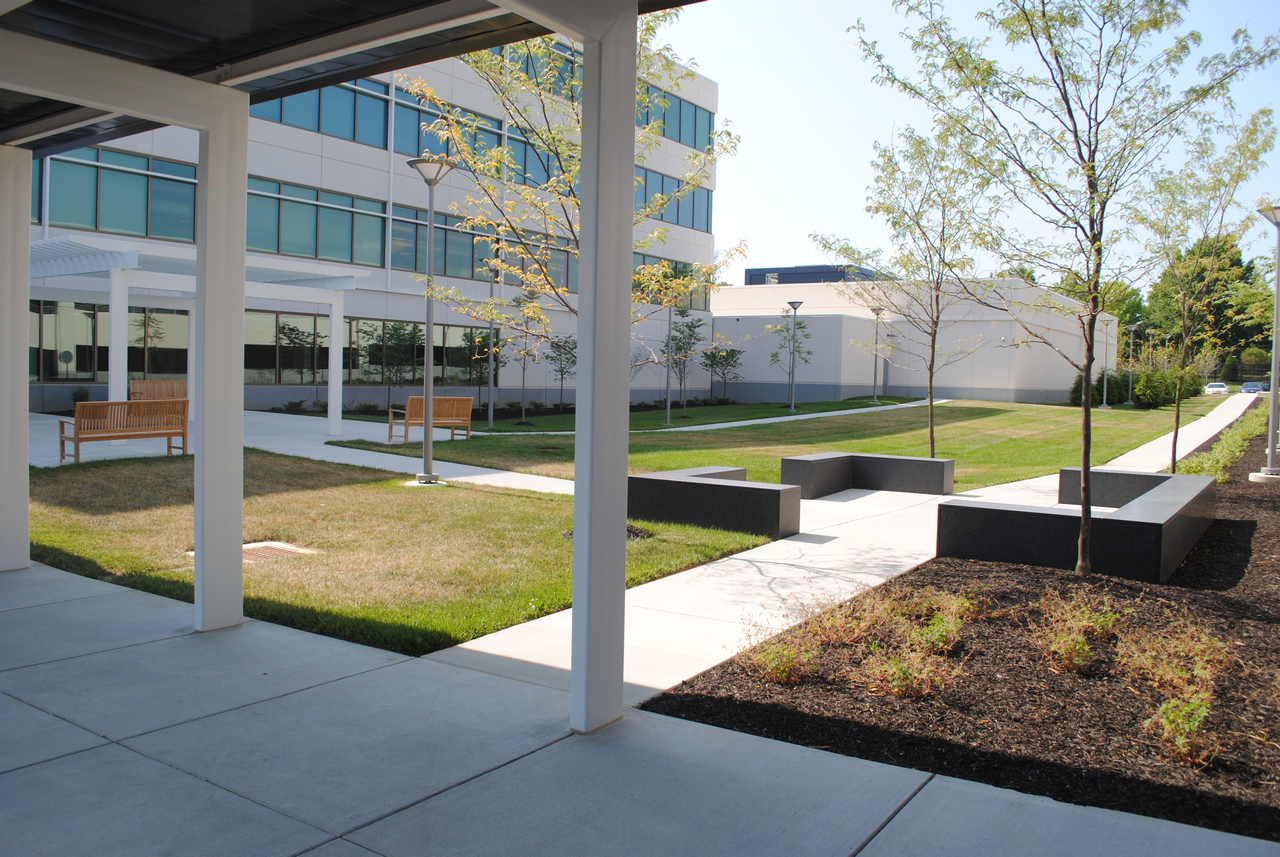 Modern courtyard with benches, trees, and a pathway beside office buildings.