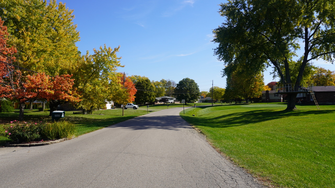 Quiet suburban street with colorful autumn trees and green lawns under a blue sky.