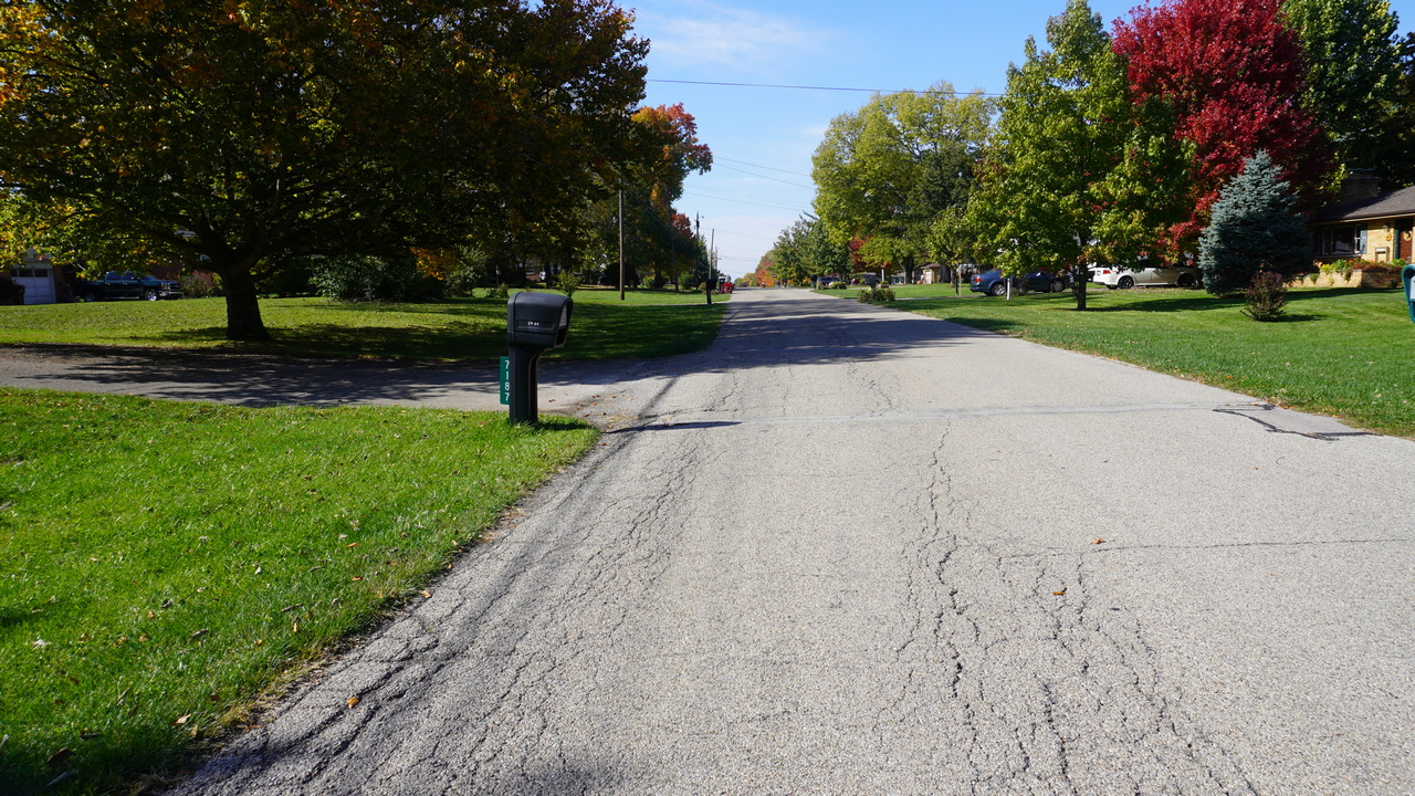 Suburban street with colorful autumn trees and clear blue sky.
