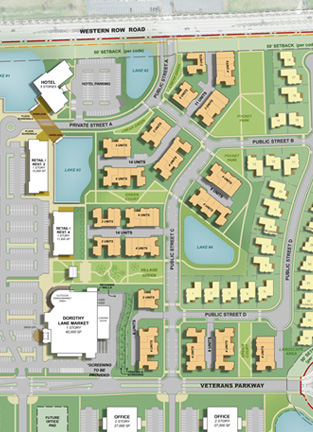 Mosaic - Mason, OH Colorful site map with buildings, roads, greenery, and ponds.