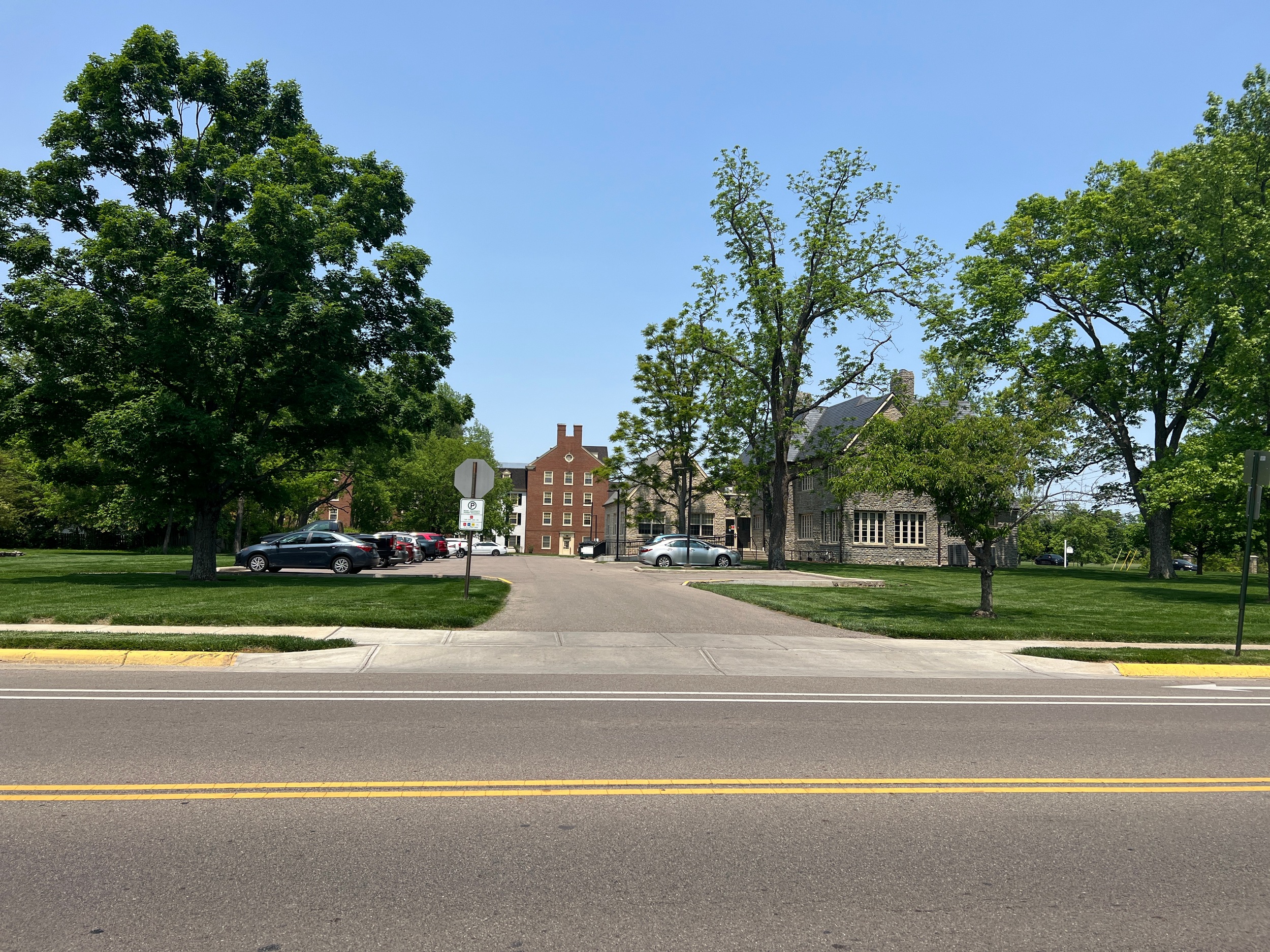 Tree-lined street leading to red brick buildings under a clear blue sky.