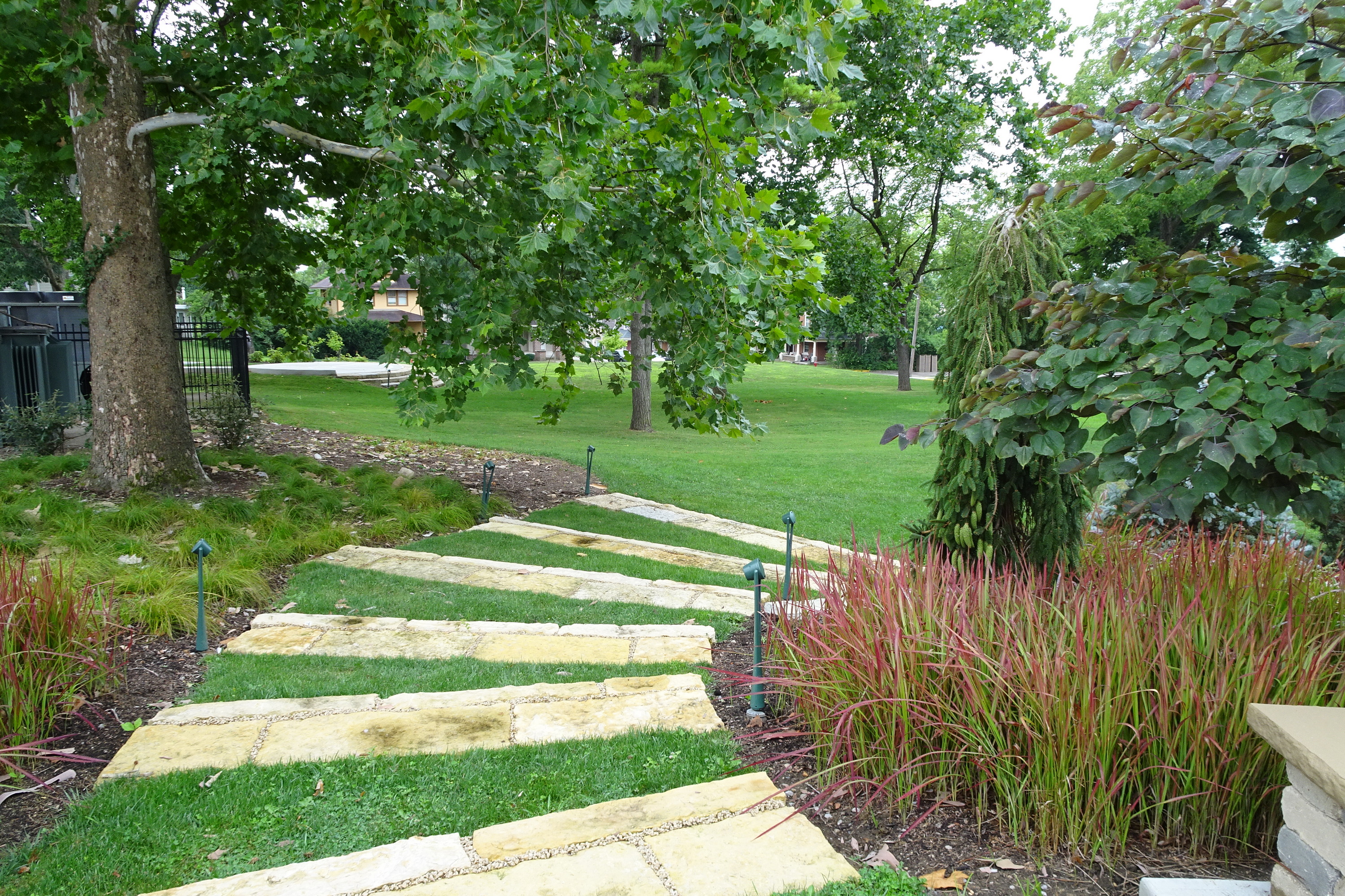 Winding stone path through a lush green park with trees and grass.