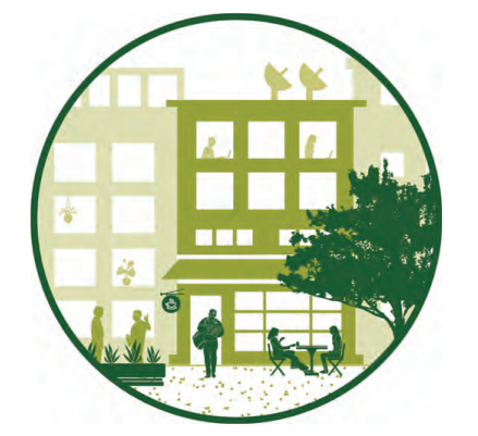 Illustration of a green urban scene with people and buildings.