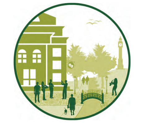 People walking near trees and buildings in a green and white graphic.