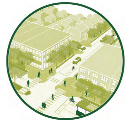 Urban neighborhood graphic with streets and buildings in shades of green.