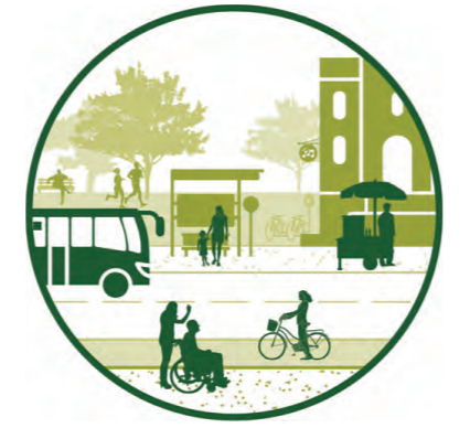 Urban scene with cyclists, bus, wheelchair, trees, and buildings in green tones.