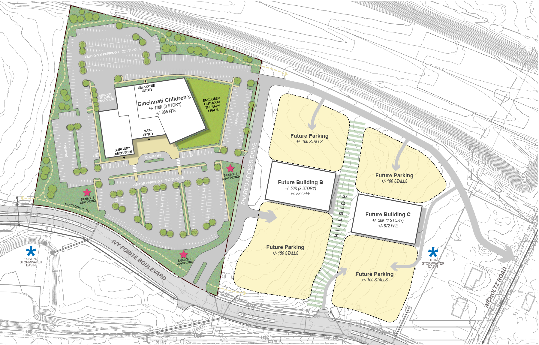 Site plan with buildings, parking, and green spaces.