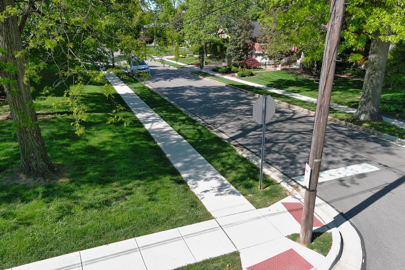 Residential street with trees and sidewalks under bright daylight.
