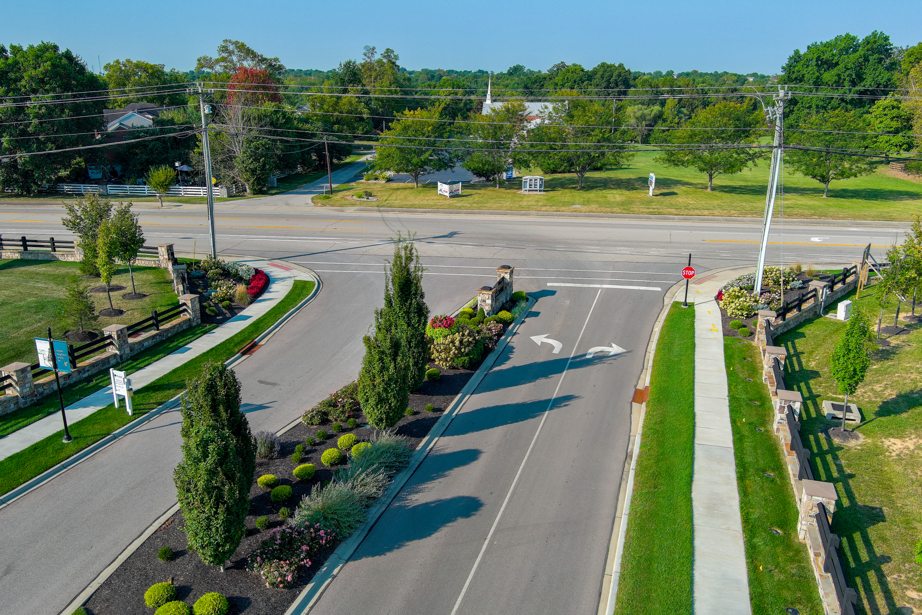 Aerial view of a tree-lined road intersection with lush greenery.