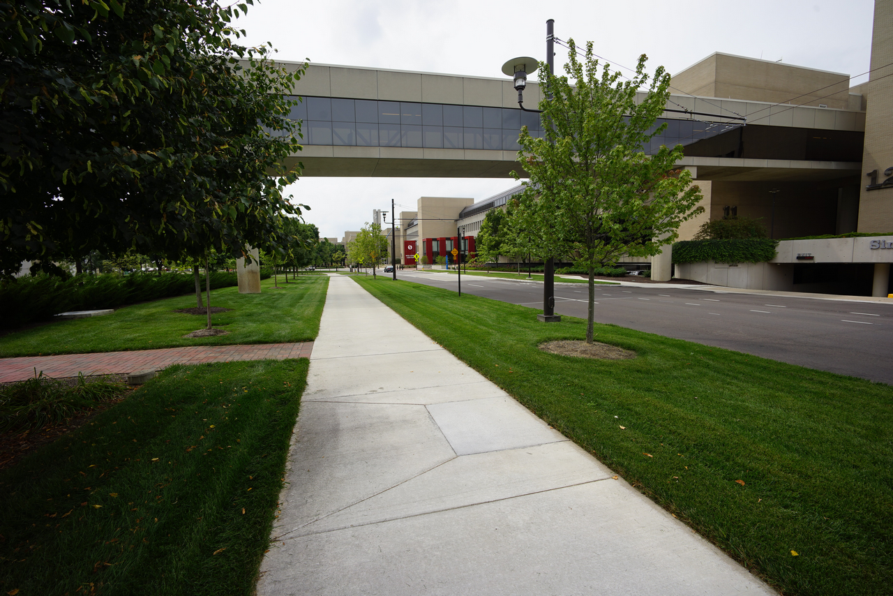 Wide sidewalk beside modern building with trees and skybridge above.