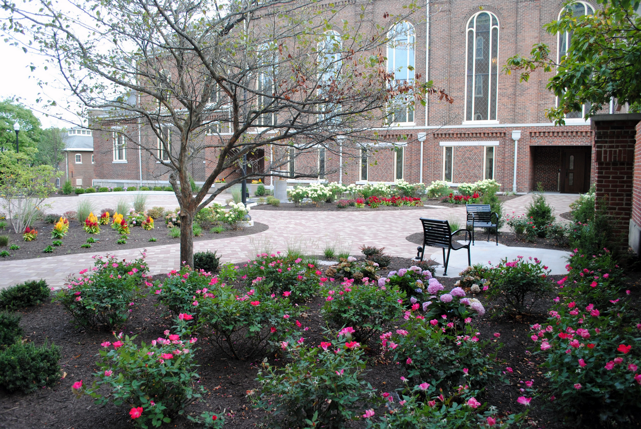 Courtyard with blooming pink flowers, brick path, and benches near a building.