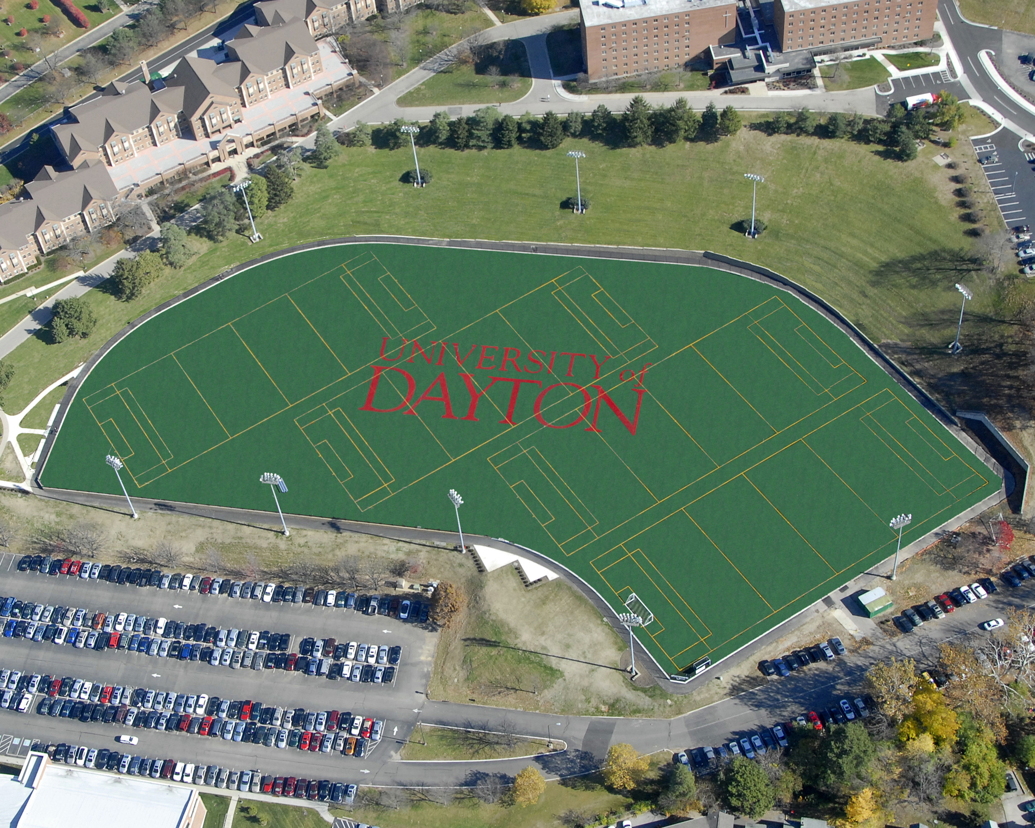 Aerial view of a green sports field with 