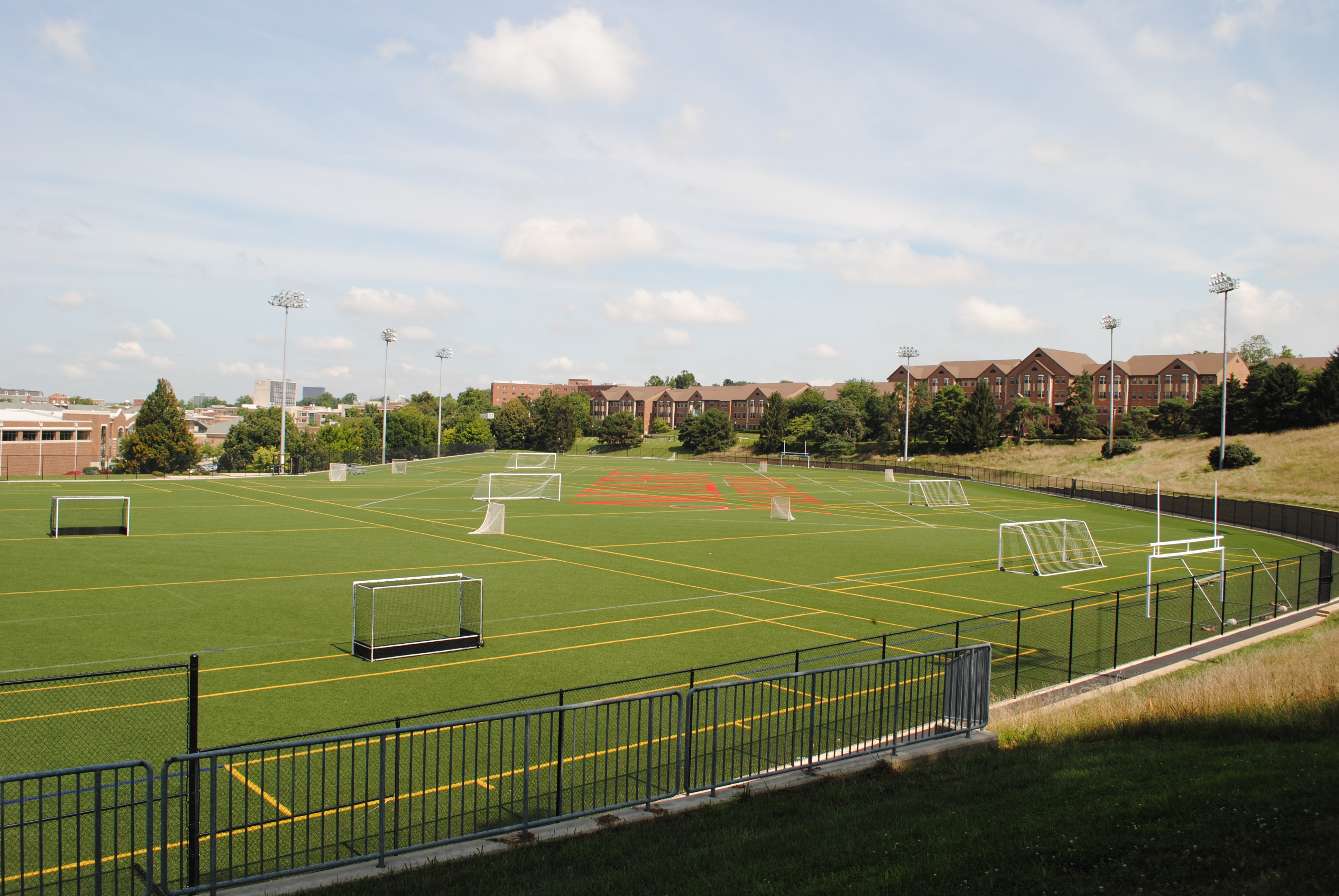Sports field with multiple soccer goals, surrounded by trees and buildings under a blue sky.