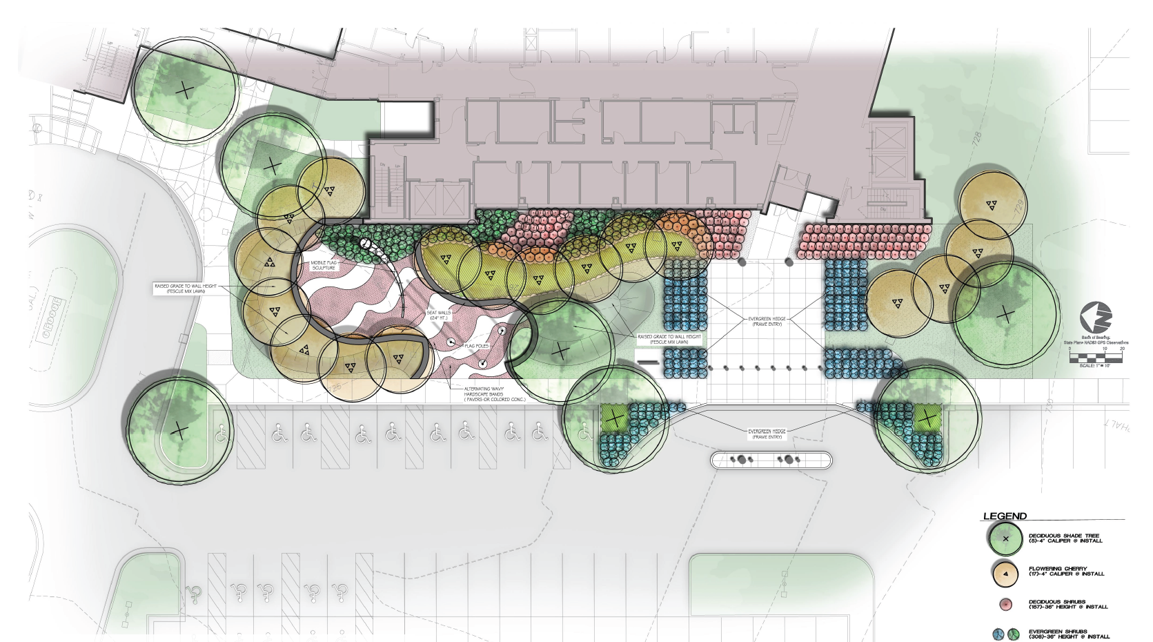 Landscape design plan with circular pathways and trees around a building.