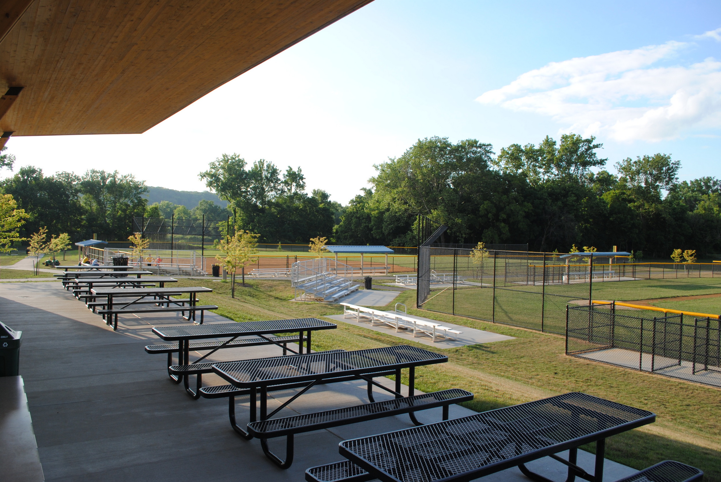 Empty picnic tables near a grassy field and sports courts under a clear sky.