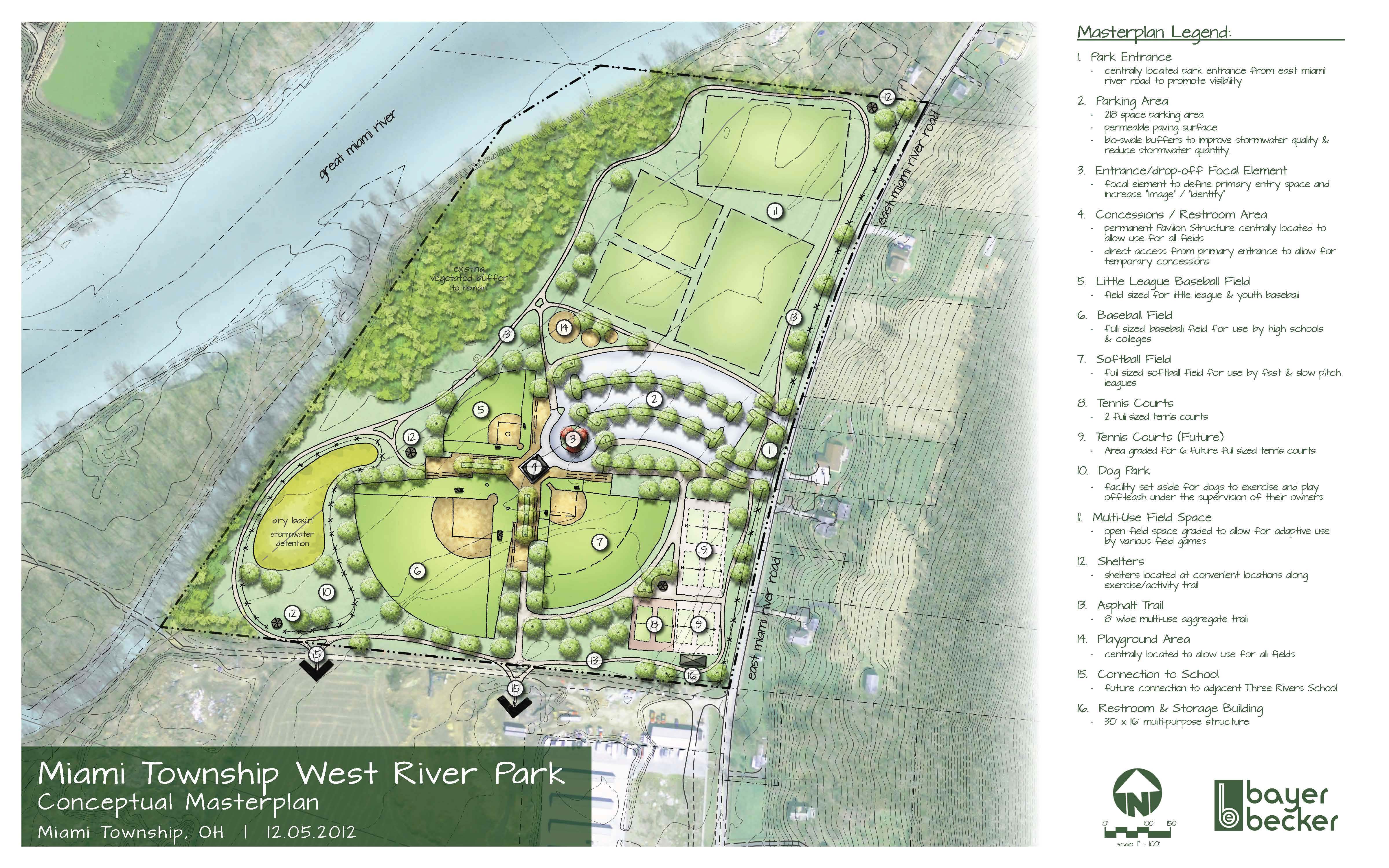 Park master plan map with fields, roads, trees, and a river to the left.
