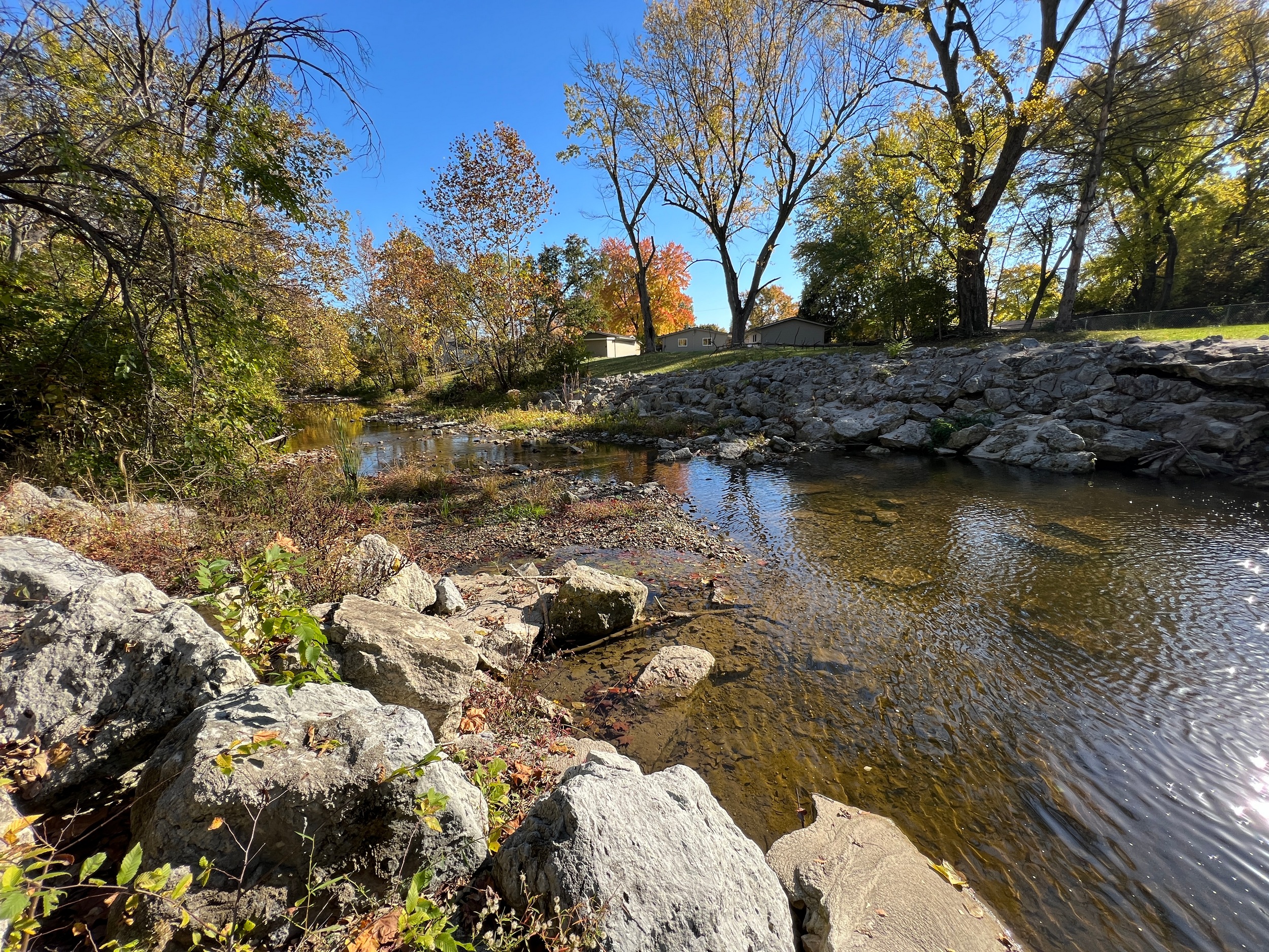 A serene creek with rocks, surrounded by autumn trees under a clear blue sky.