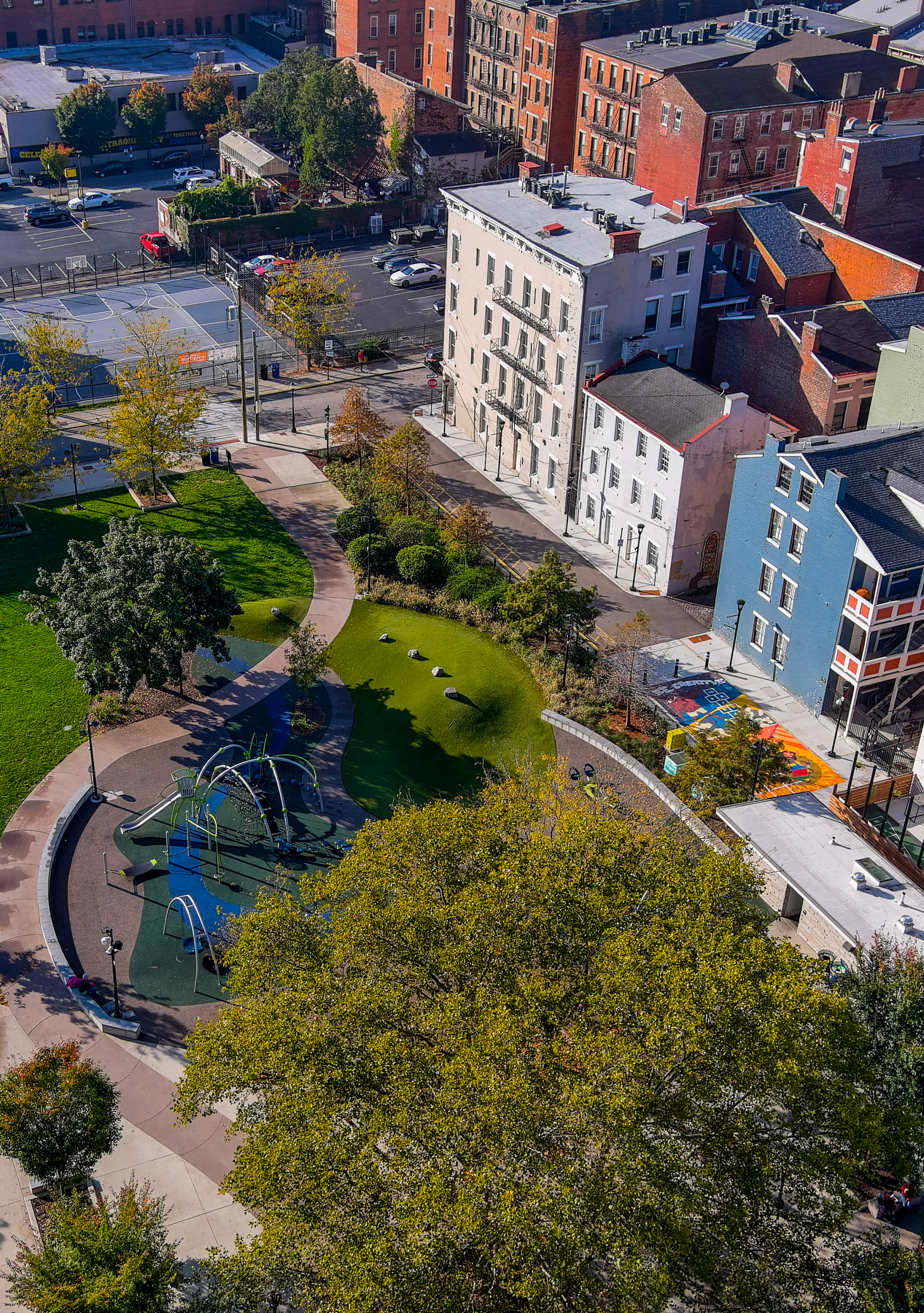 Ziegler Park Expansion - Cincinnati, OH Aerial view of a city park with pathways, trees, and surrounding buildings.
