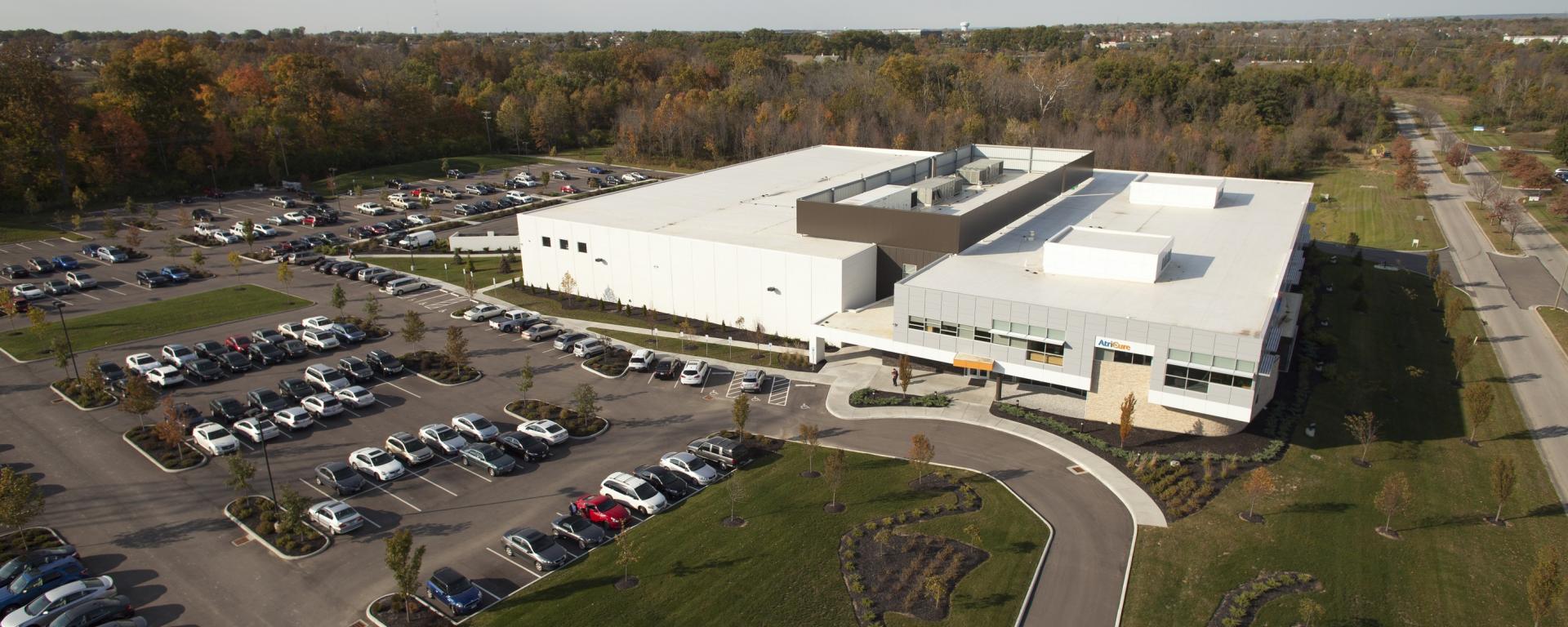 aerial of building and parking lot