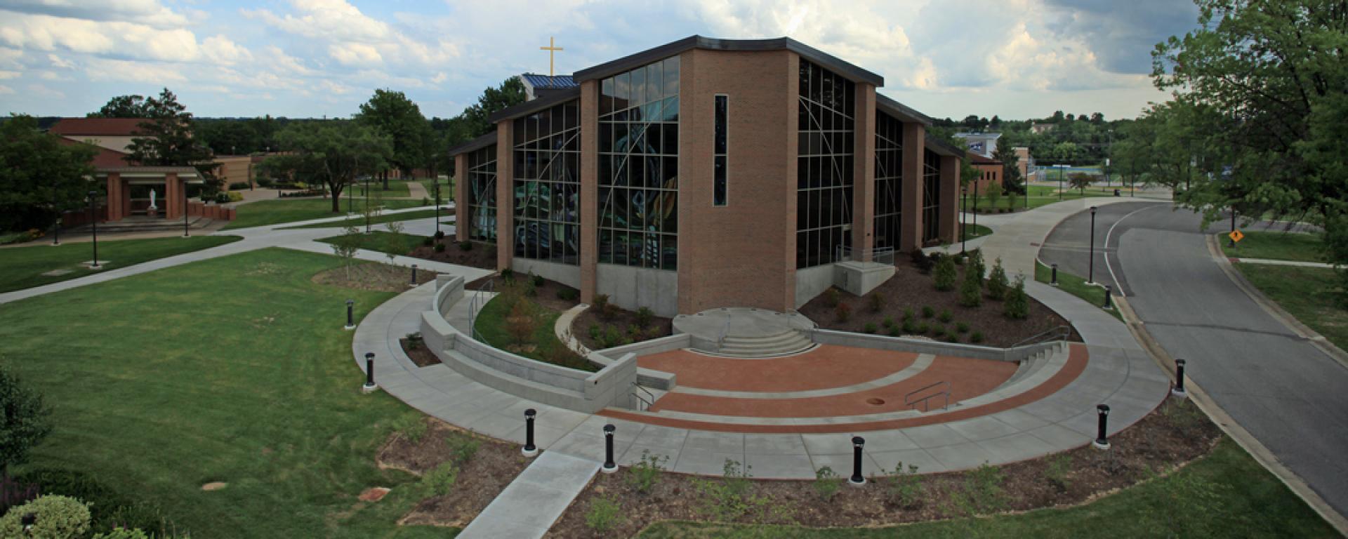 aerial of seating area outside church