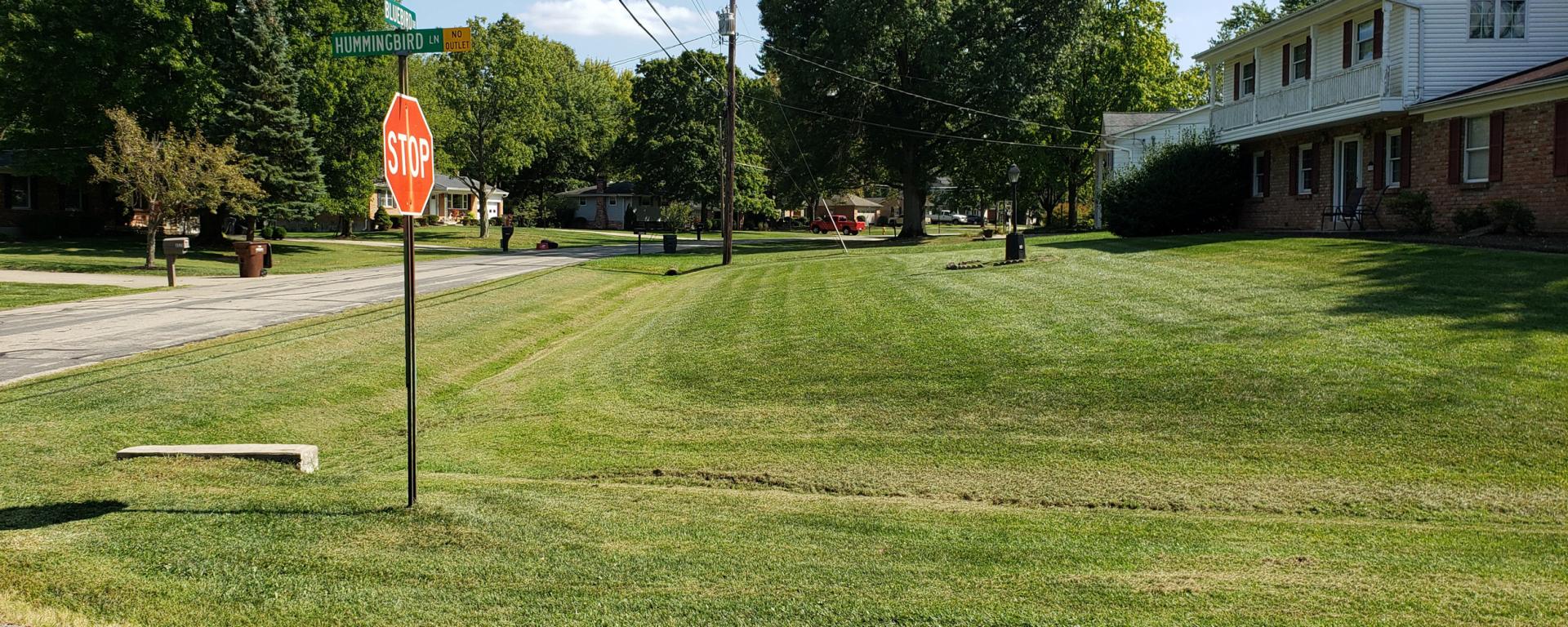 stop sign next to road and grassy lawn