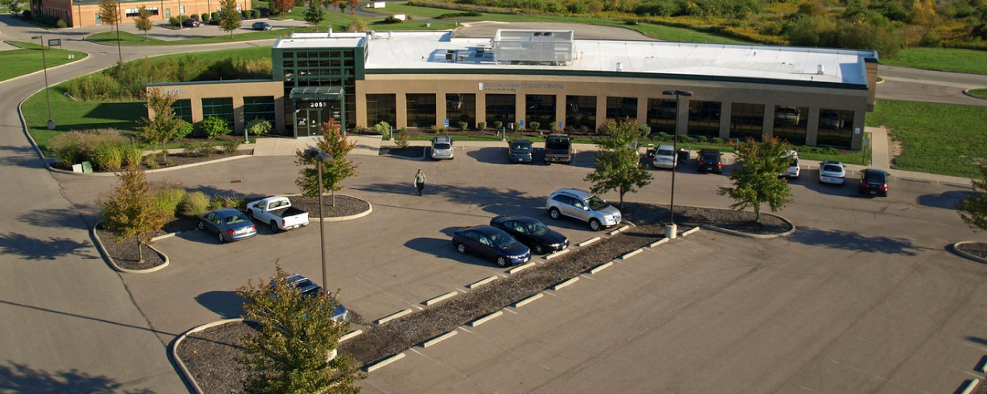 aerial of front profile and parking lot