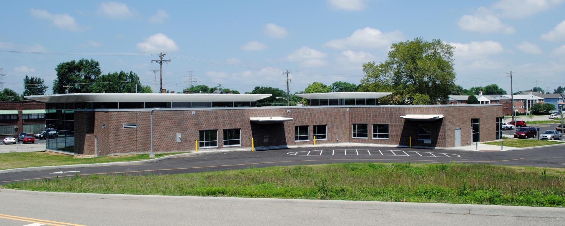 rear view of brick library building and street