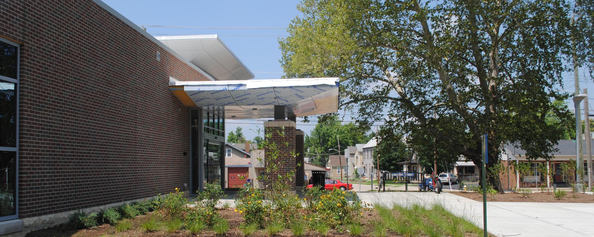 library entrance canopy with small garden