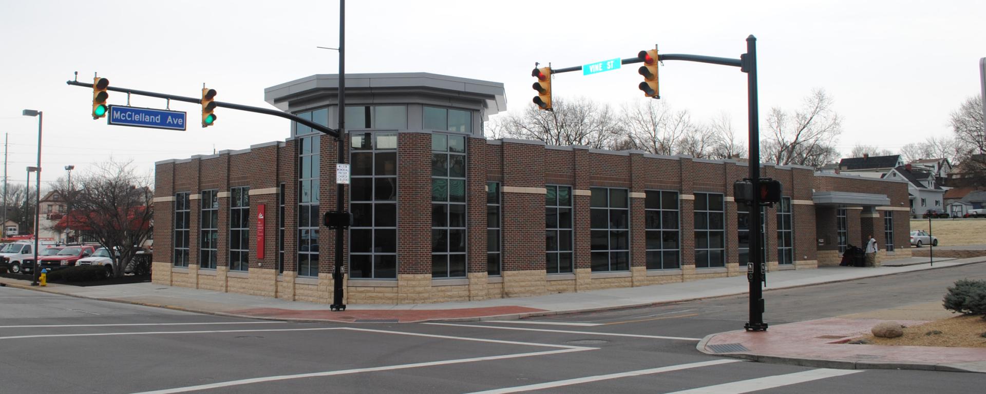 corner view of red brick library building