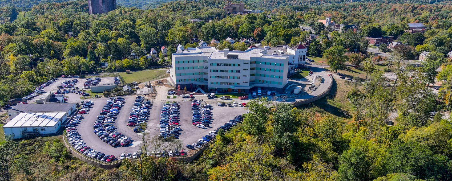 aerial photo of hospital building and parking lot