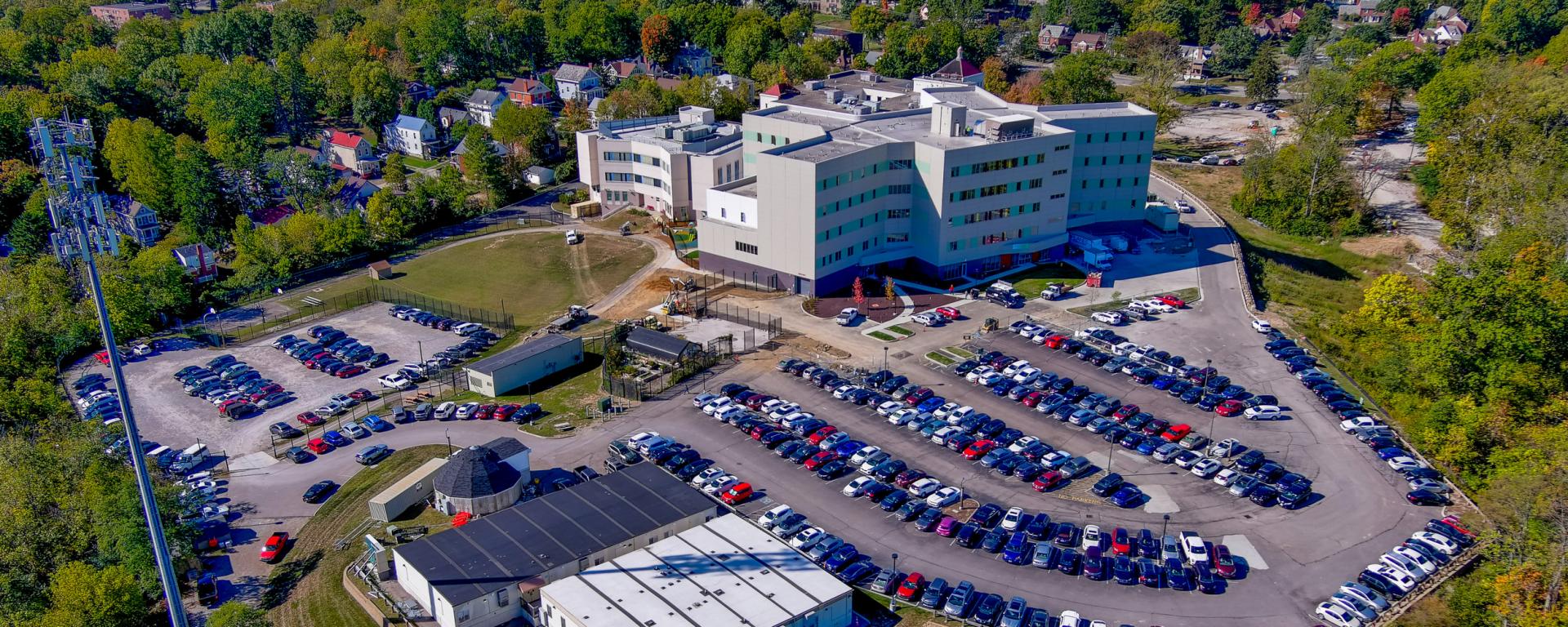 aerial photo of hospital building and parking lot