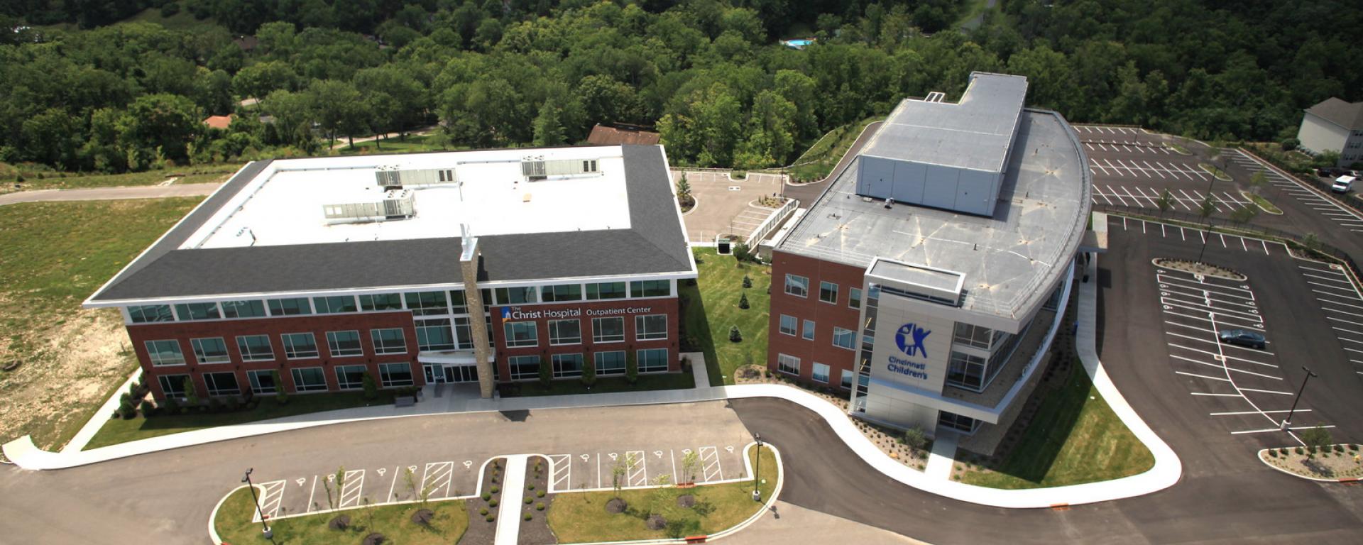 aerial of side profile and parking lot