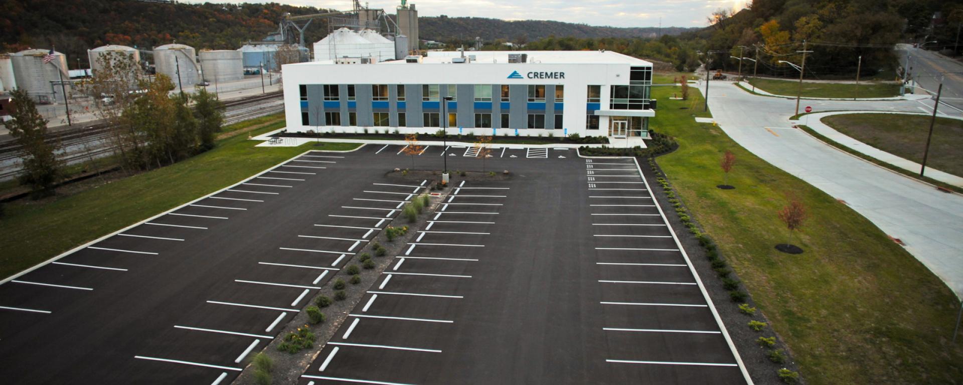 aerial of front profile and parking lot