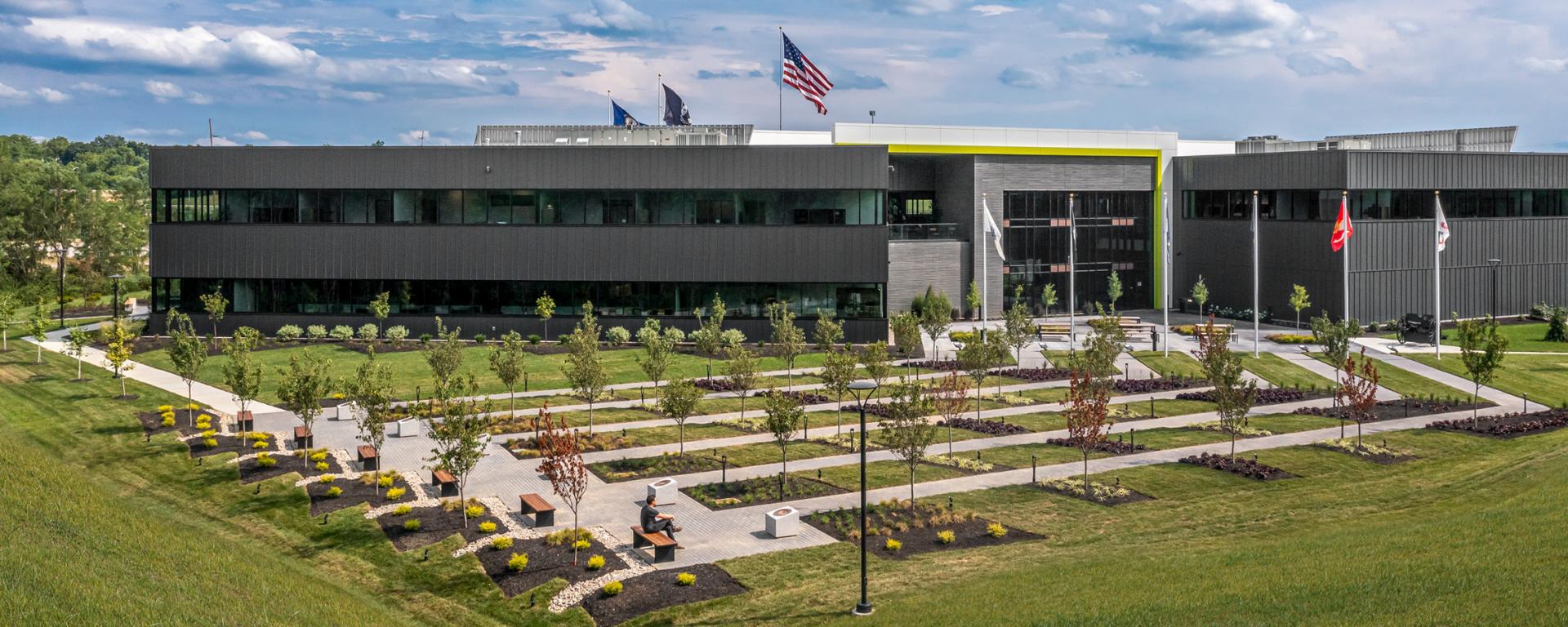 aerial photo of office building and memorial garden