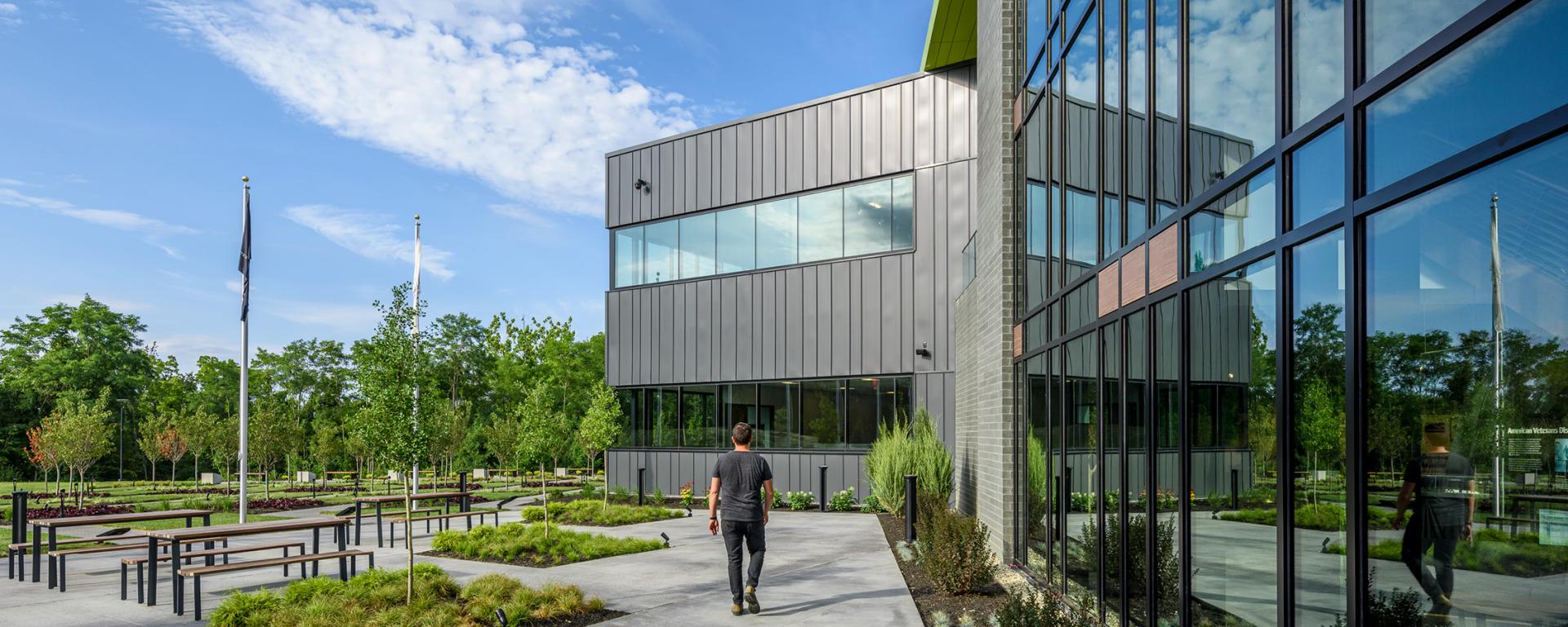 side view of office building with shiny glass