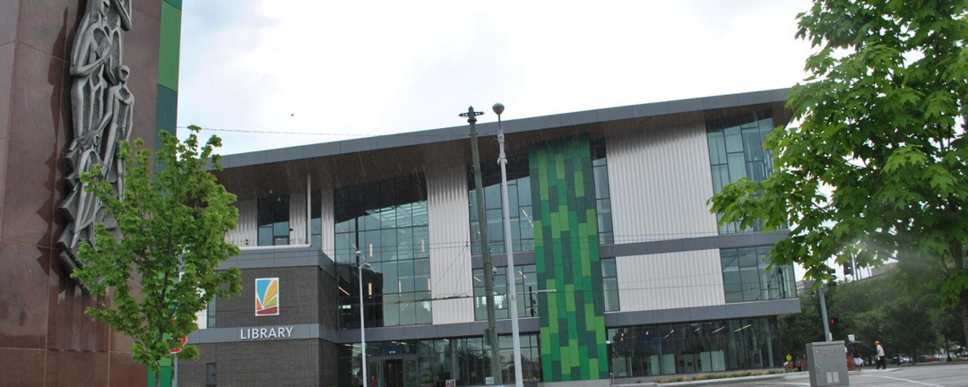 side profile of library with trees