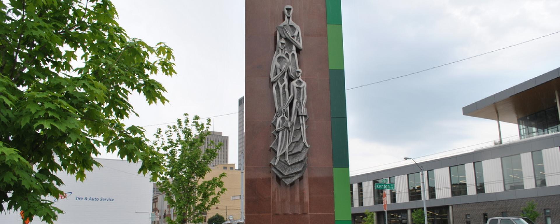 metal sculpture outside of library