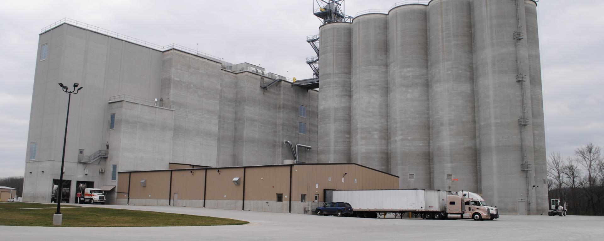 streetscape of silos and building