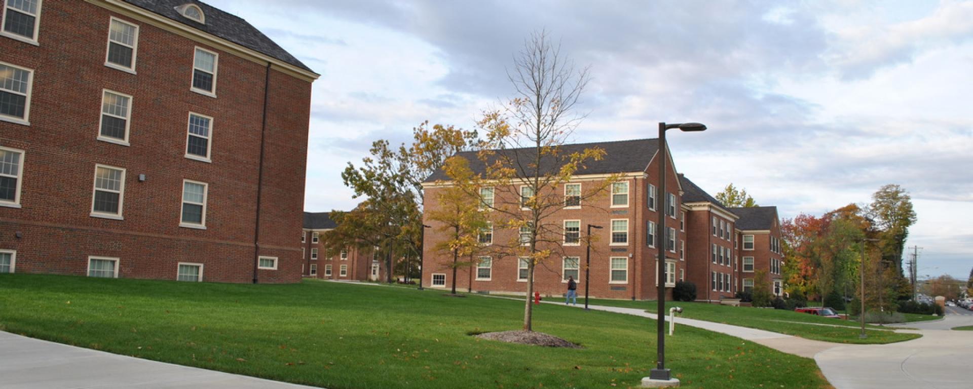 sidewalks outside of dorm buildings